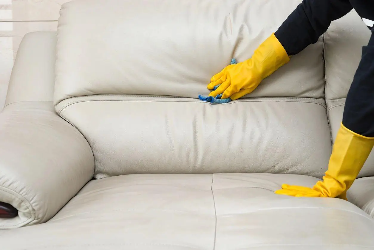 A person cleaning the leather of a couch