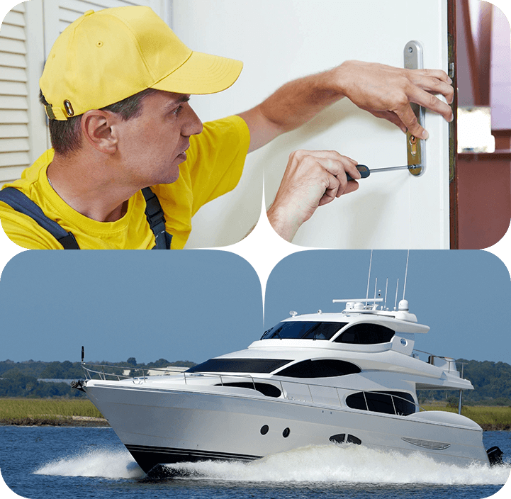 A man in yellow shirt and hat next to a boat.